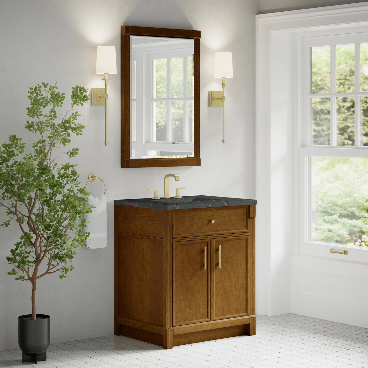Bellshire 30" Single Vanity, Honey Oak w/ 3 CM Parisien Bleu Silestone Top, view 4