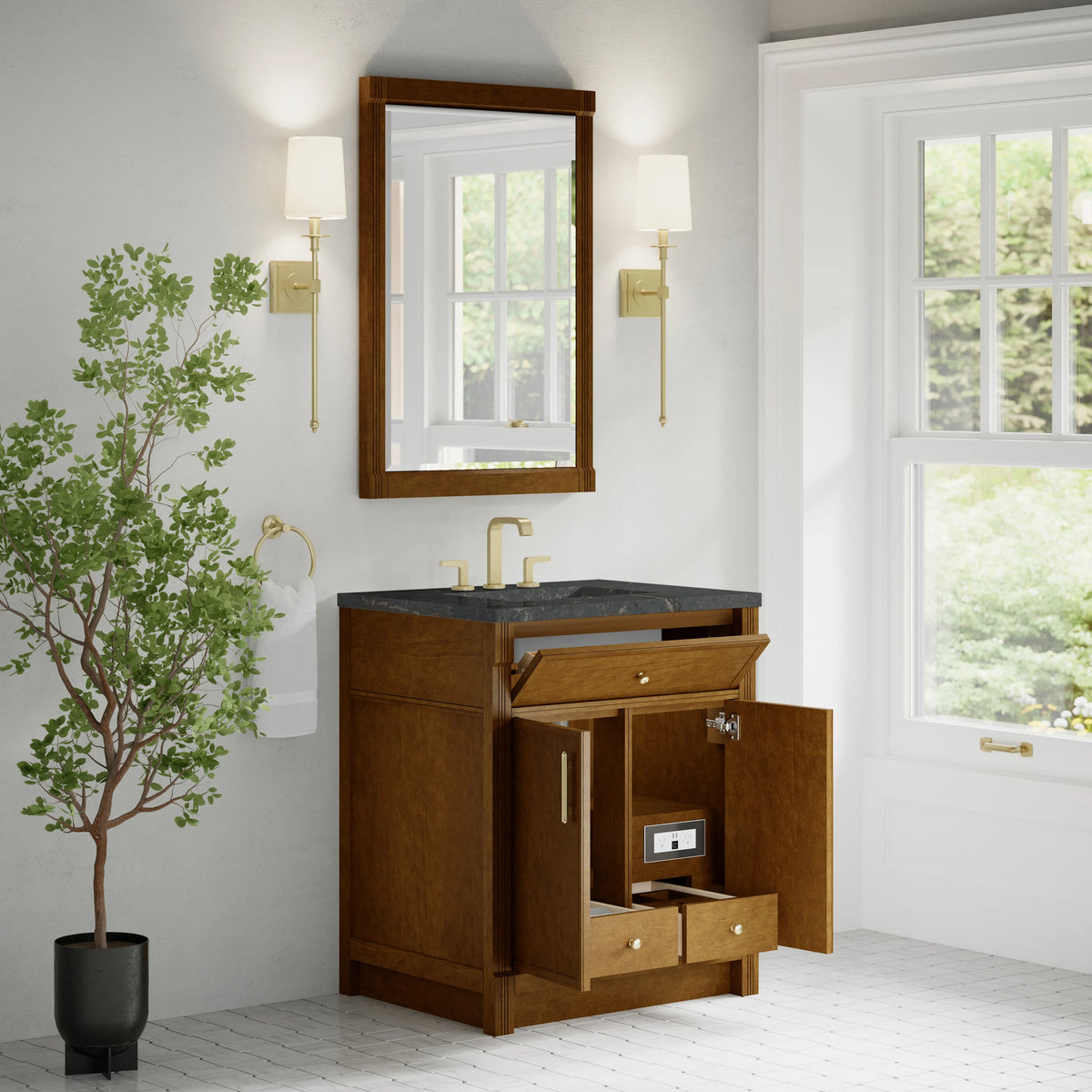 Bellshire 30" Single Vanity, Honey Oak w/ 3 CM Parisien Bleu Silestone Top, view 5