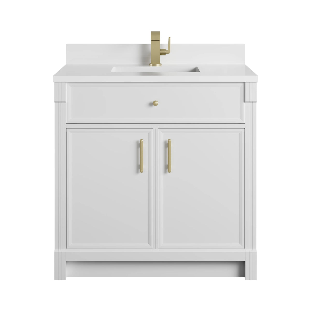 Bellshire 36" Single Vanity, Bright White w/ Single Hole 3 CM White Zeus Silestone Top and Matching Backsplash