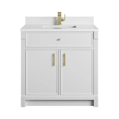 Bellshire 36" Single Vanity, Bright White w/ Single Hole 3 CM White Zeus Silestone Top and Matching Backsplash
