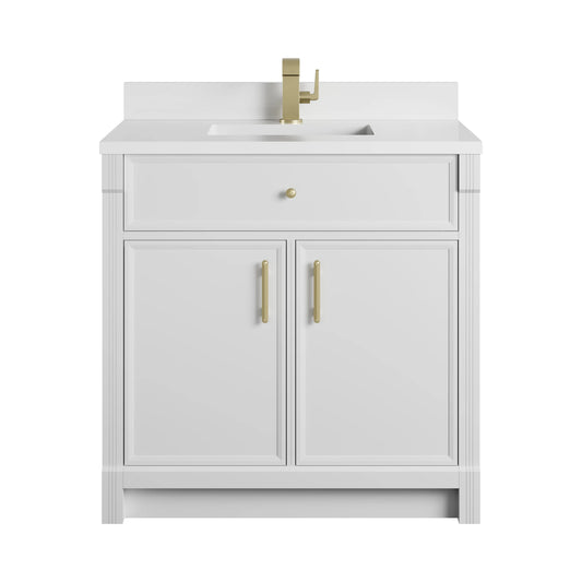 Bellshire 36" Single Vanity, Bright White w/ Single Hole 3 CM White Zeus Silestone Top and Matching Backsplash