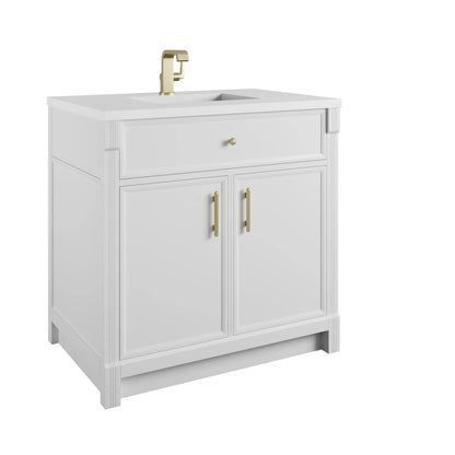 Bellshire 36" Single Vanity, Bright White w/ Single Hole 3 CM White Zeus Silestone Top and Matching Backsplash, view 8