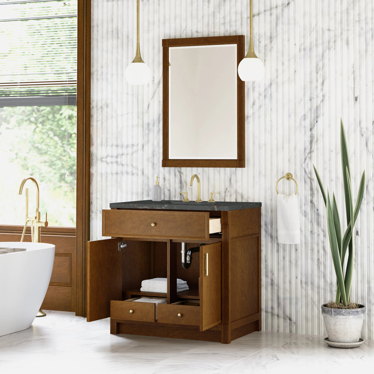 Bellshire 36" Single Vanity, Honey Oak w/ 3 CM Parisien Bleu Silestone Top, view 5