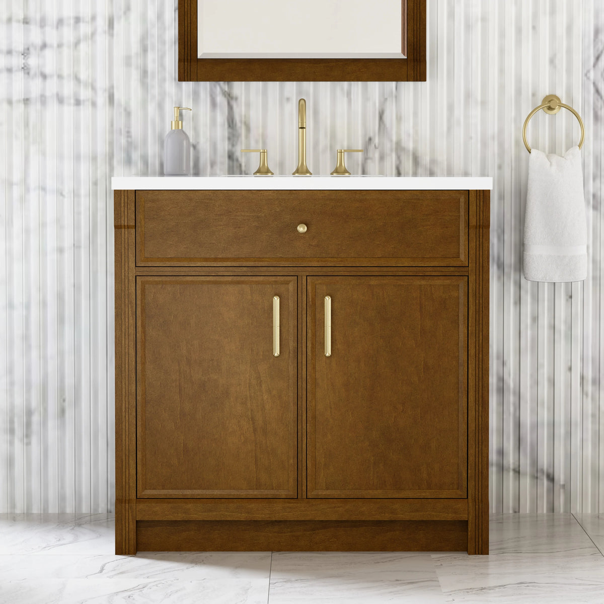 Bellshire 36" Single Vanity, Honey Oak w/ 3 CM White Zeus Silestone Top, view 4