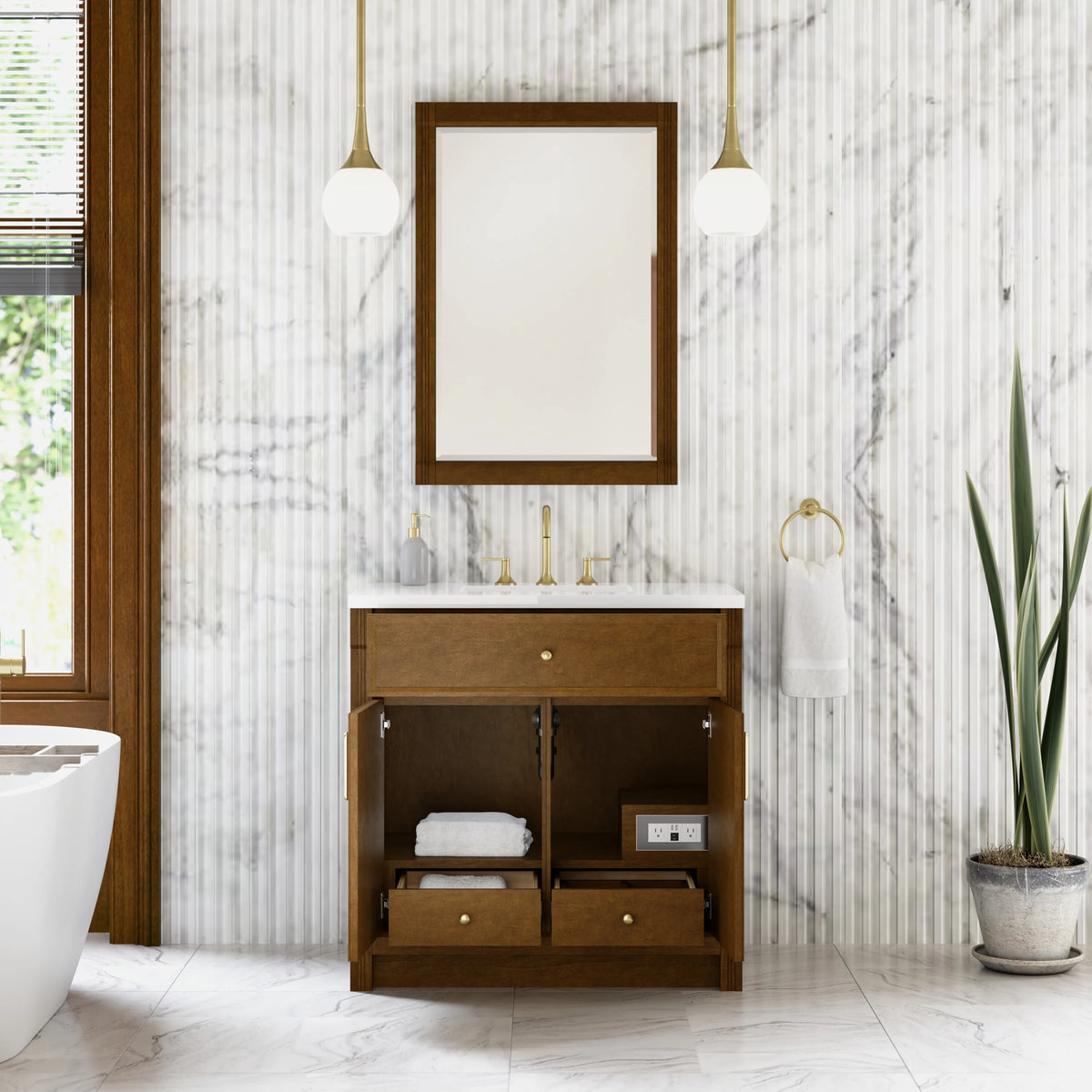 Bellshire 36" Single Vanity, Honey Oak w/ 3 CM White Zeus Silestone Top, view 8