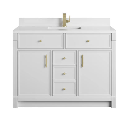 Bellshire 48" Single Vanity, Bright White w/ Single Hole 3 CM White Zeus Silestone Top and Matching Backsplash