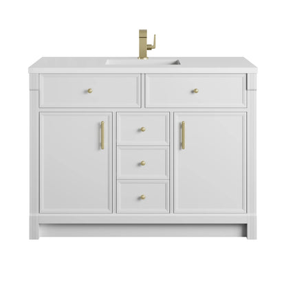 Bellshire 48" Single Vanity, Bright White w/ Single Hole 3 CM White Zeus Silestone Top and Matching Backsplash, view 2