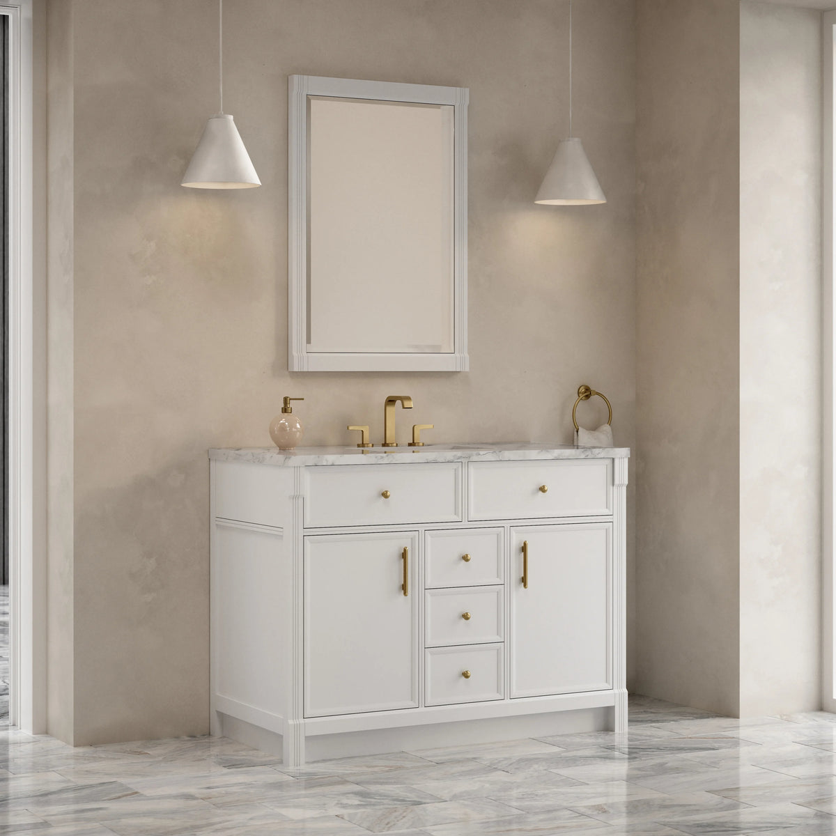 Bellshire 48" Single Vanity, Bright White w/ 3 CM Carrara Marble Top, view 4