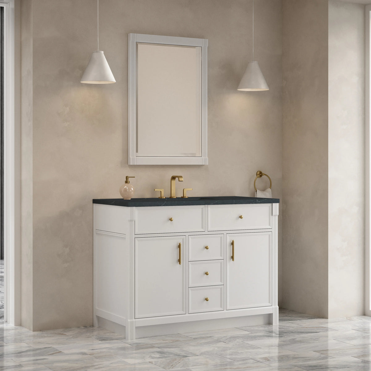 Bellshire 48" Single Vanity, Bright White w/ 3 CM Charcoal Soapstone Silestone Top, view 4