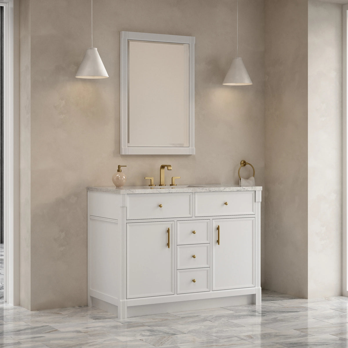 Bellshire 48" Single Vanity, Bright White w/ 3 CM Eternal Jasmine Pearl Silestone Top, view 4
