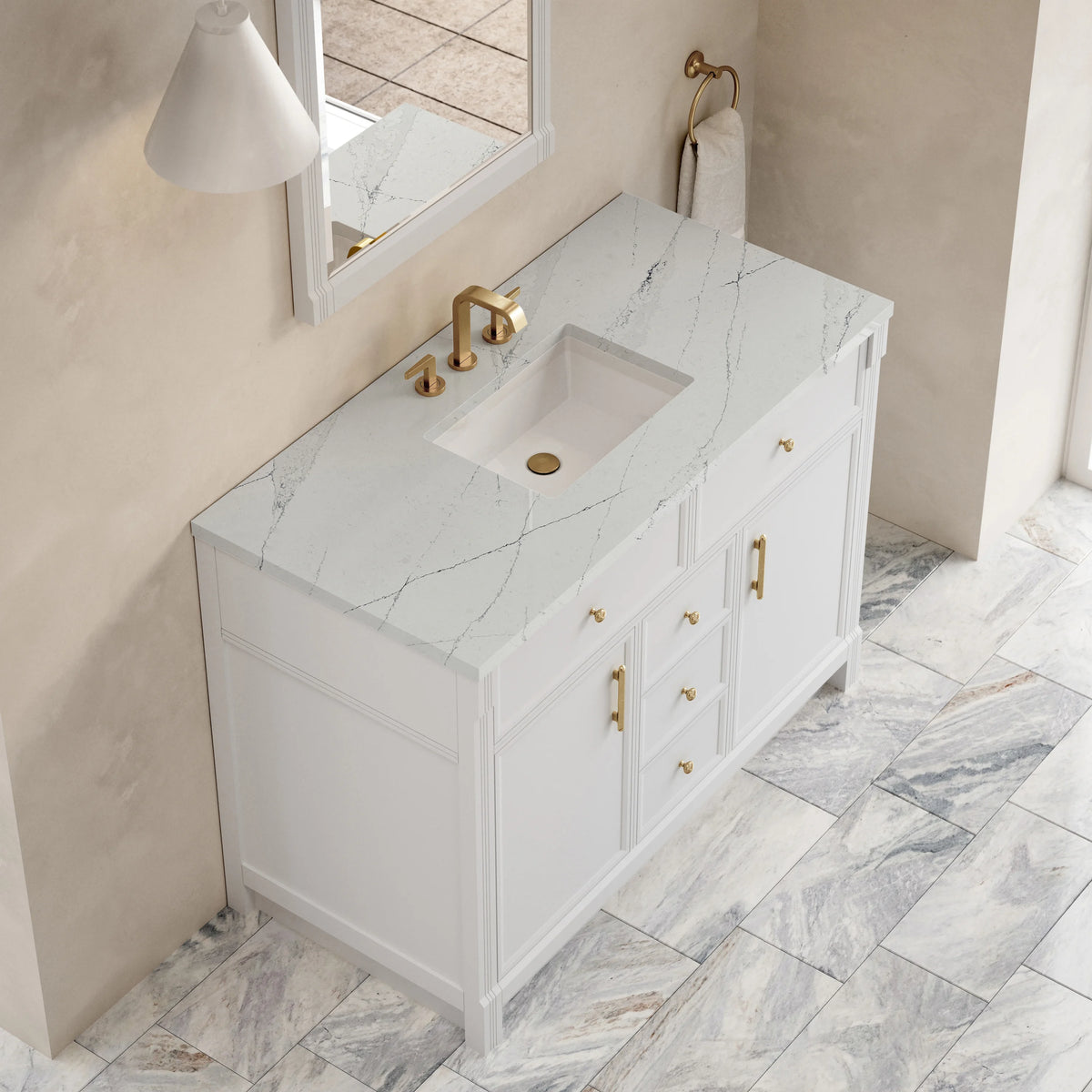 Bellshire 48" Single Vanity, Bright White w/ 3 CM Ethereal Noctis Silestone Top, view 7