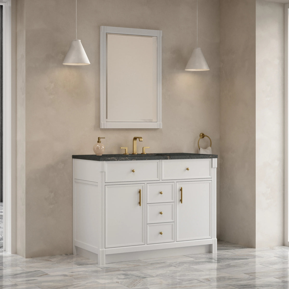 Bellshire 48" Single Vanity, Bright White w/ 3 CM Parisien Bleu Silestone Top, view 4