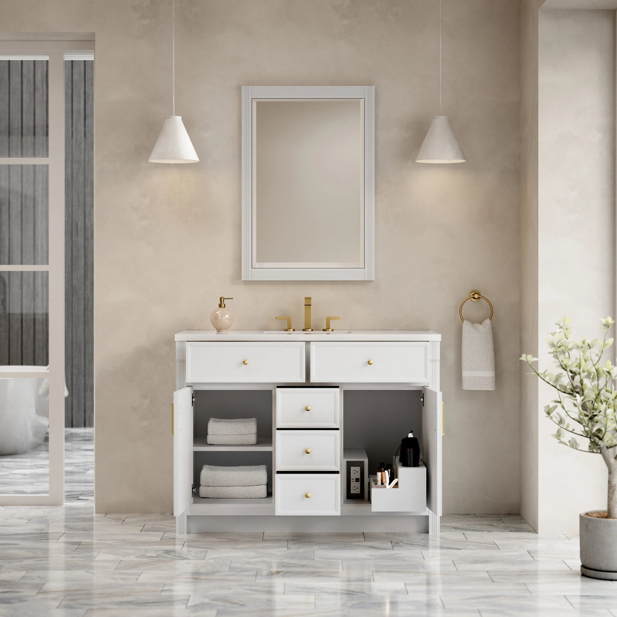 Bellshire 48" Single Vanity, Bright White w/ 3 CM White Zeus Silestone Top, view 8