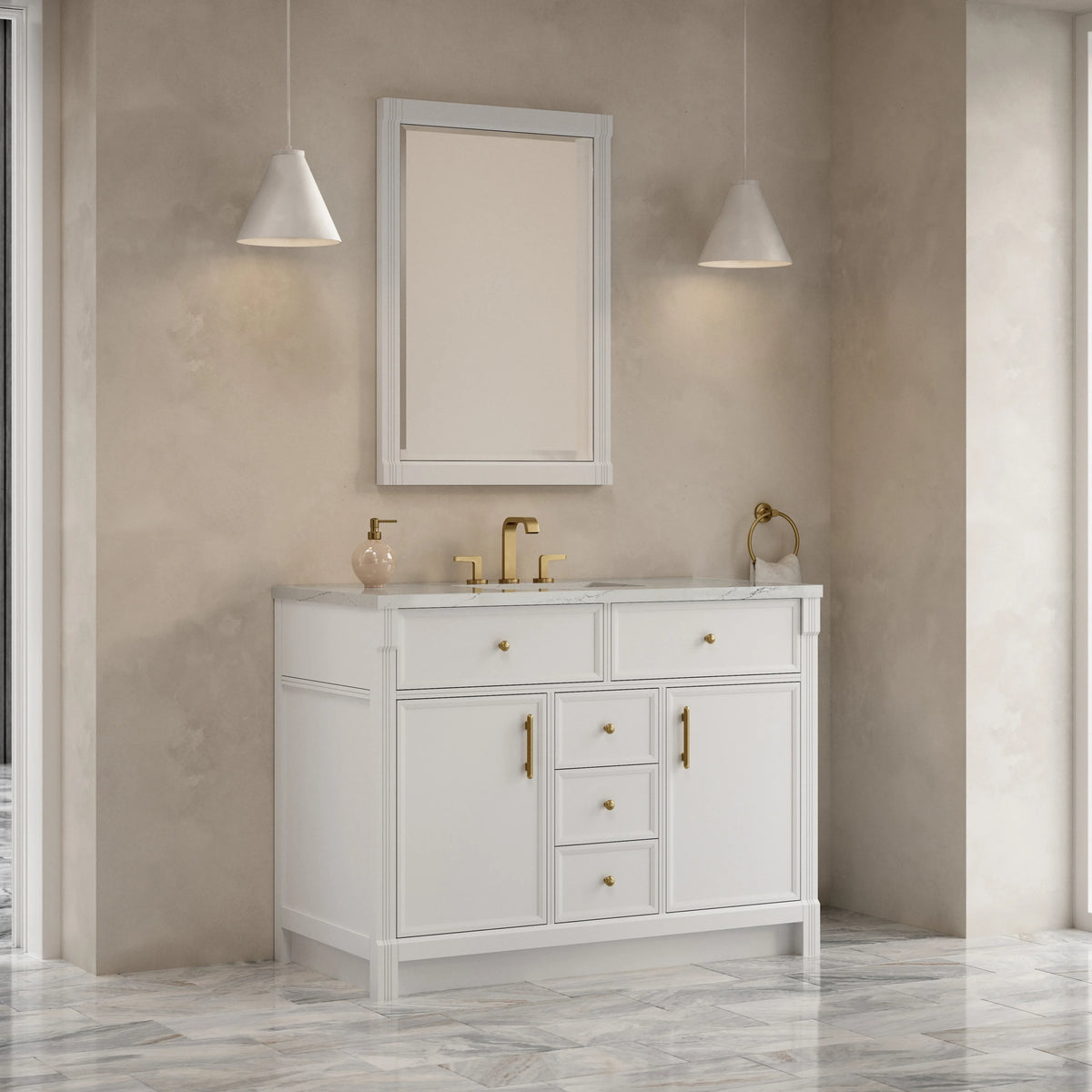 Bellshire 48" Single Vanity, Bright White w/ 3 CM Ethereal Noctis Silestone Top w/FreePower Wireless Charger, view 5