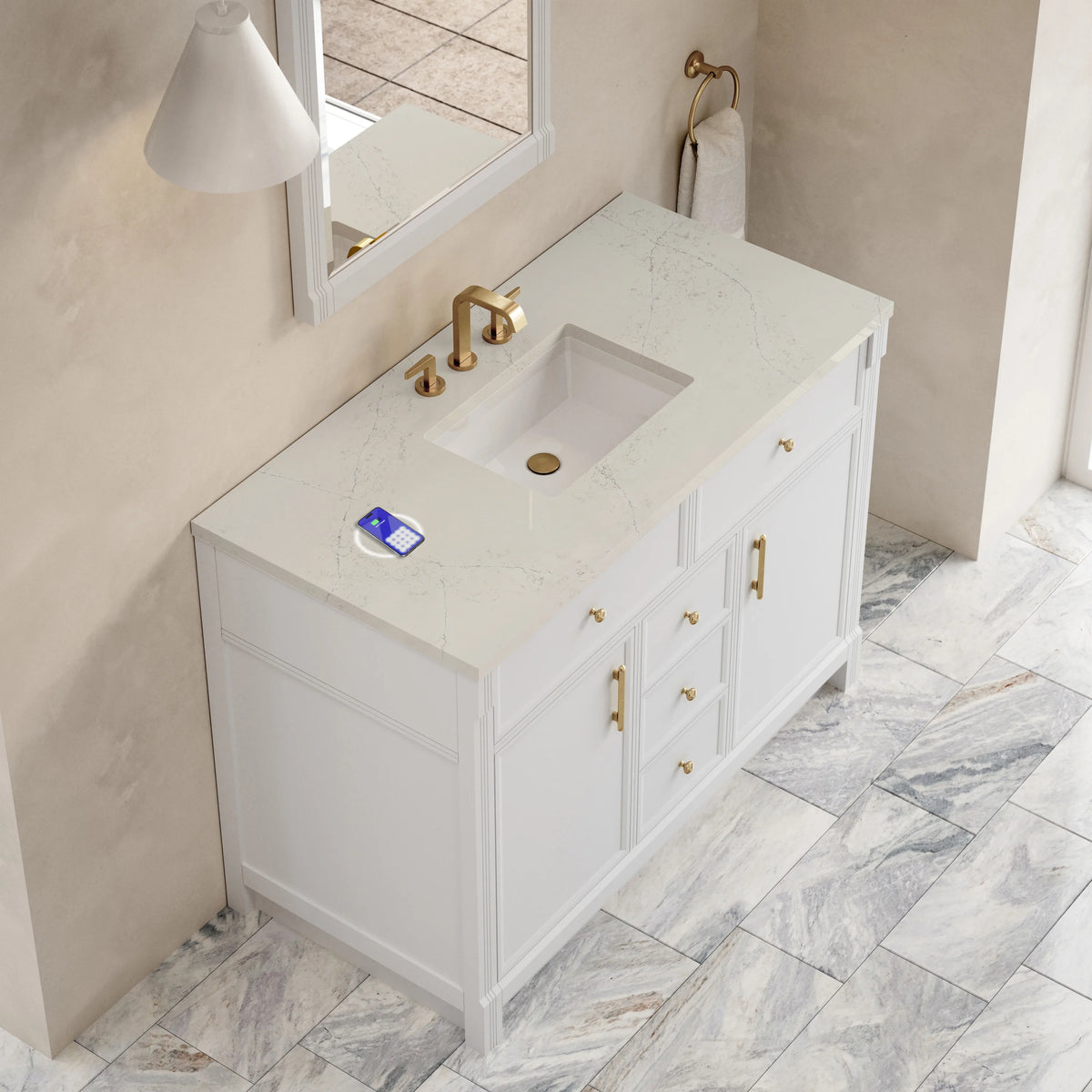 Bellshire 48" Single Vanity, Bright White w/ 3 CM Siberian Silestone Top w/FreePower Wireless Charger, view 9