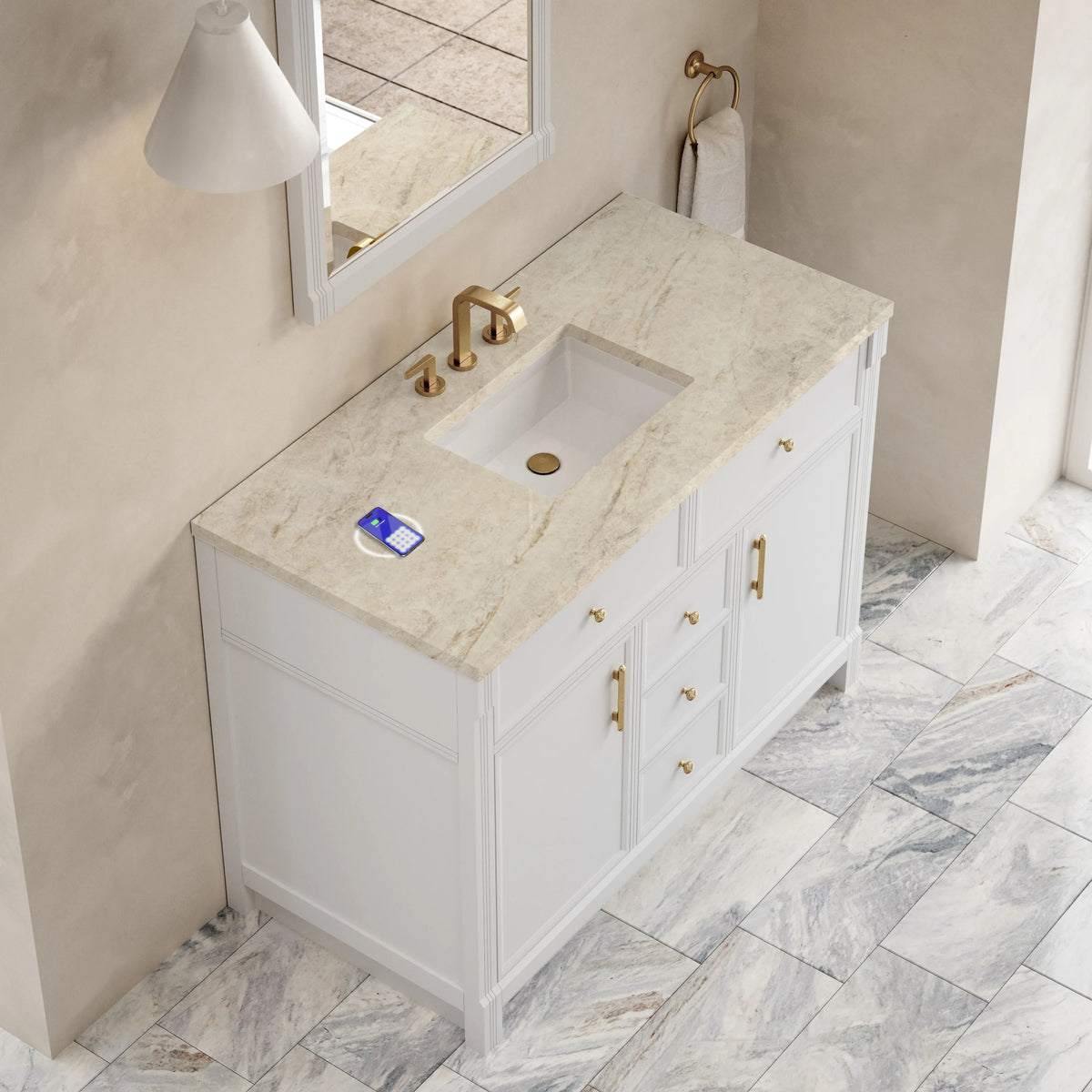 Bellshire 48" Single Vanity, Bright White w/ 3 CM Tajnar Eclos Top w/FreePower Wireless Charger, view 9
