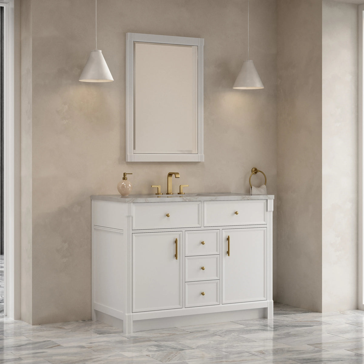 Bellshire 48" Single Vanity, Bright White w/ 3 CM Victorian Silver Silestone Top w/FreePower Wireless Charger, view 5