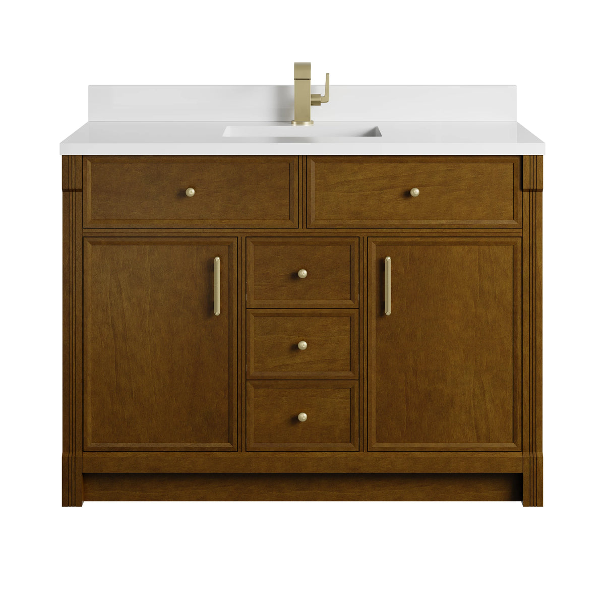 Bellshire 48" Single Vanity, Honey Oak w/ Single Hole 3 CM White Zeus Silestone Top and Matching Backsplash