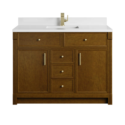 Bellshire 48" Single Vanity, Honey Oak w/ Single Hole 3 CM White Zeus Silestone Top and Matching Backsplash