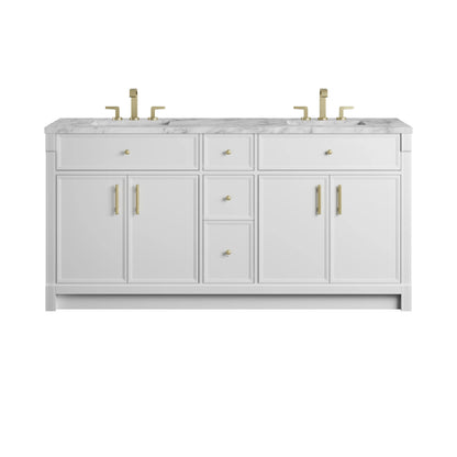 Bellshire 72" Double Vanity, Bright White w/ 3 CM Carrara Marble Top