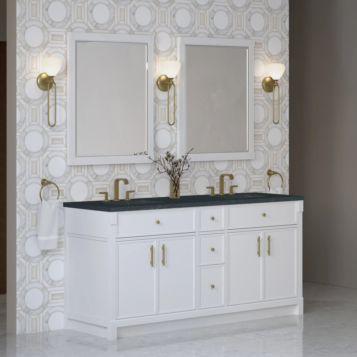 Bellshire 72" Double Vanity, Bright White w/ 3 CM Charcoal Soapstone Silestone Top, view 4