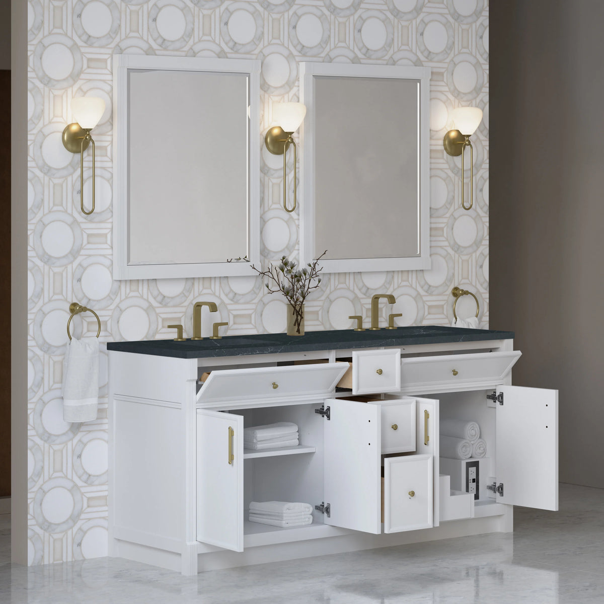 Bellshire 72" Double Vanity, Bright White w/ 3 CM Charcoal Soapstone Silestone Top, view 5