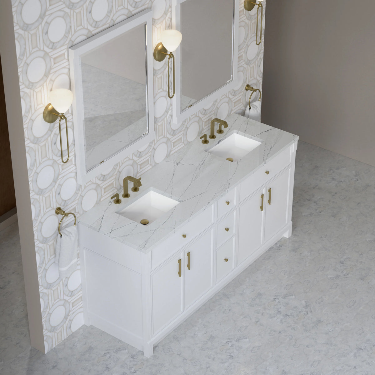 Bellshire 72" Double Vanity, Bright White w/ 3 CM Ethereal Noctis Silestone Top, view 7