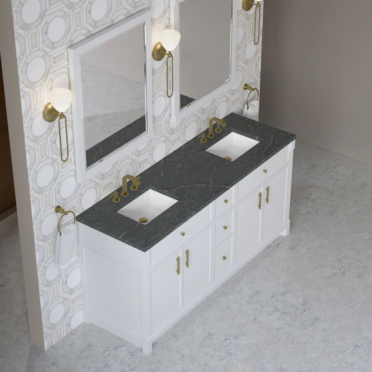 Bellshire 72" Double Vanity, Bright White w/ 3 CM Parisien Bleu Silestone Top, view 4