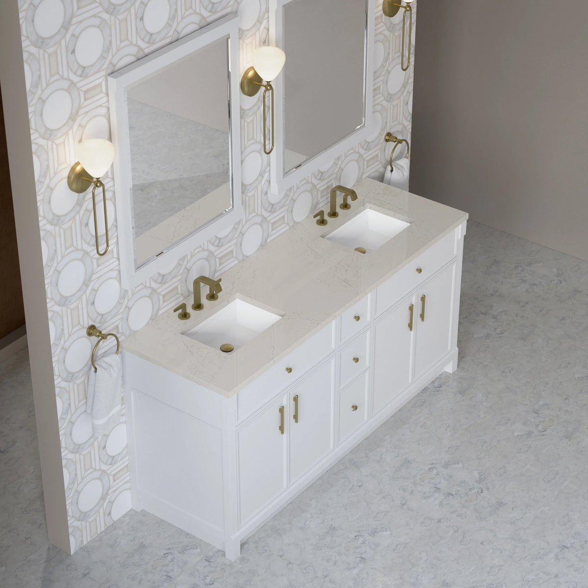 Bellshire 72" Double Vanity, Bright White w/ 3 CM Siberian Silestone Top, view 4