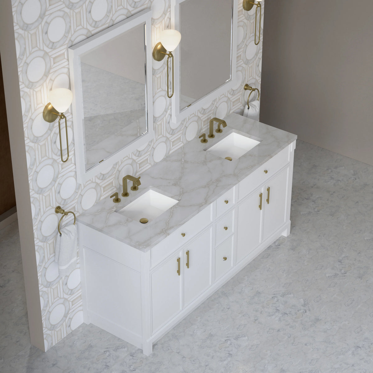 Bellshire 72" Double Vanity, Bright White w/ 3 CM Victorian Silver Silestone Top, view 4