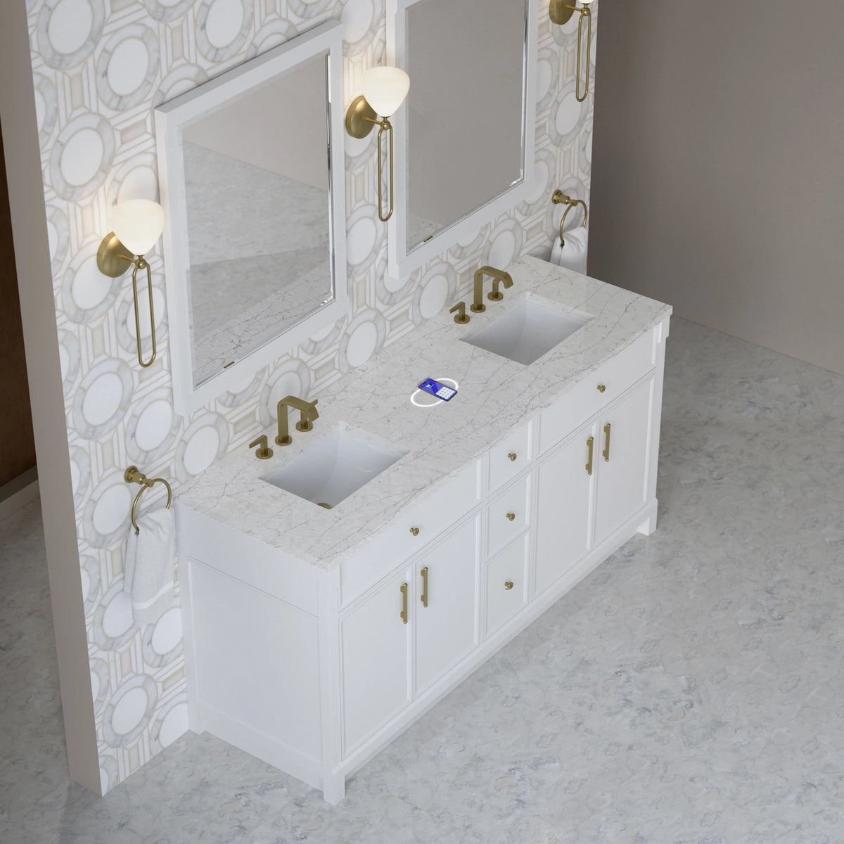 Bellshire 72" Double Vanity, Bright White w/ 3 CM Eternal Jasmine Pearl Silestone Top w/FreePower Wireless Char, view 8