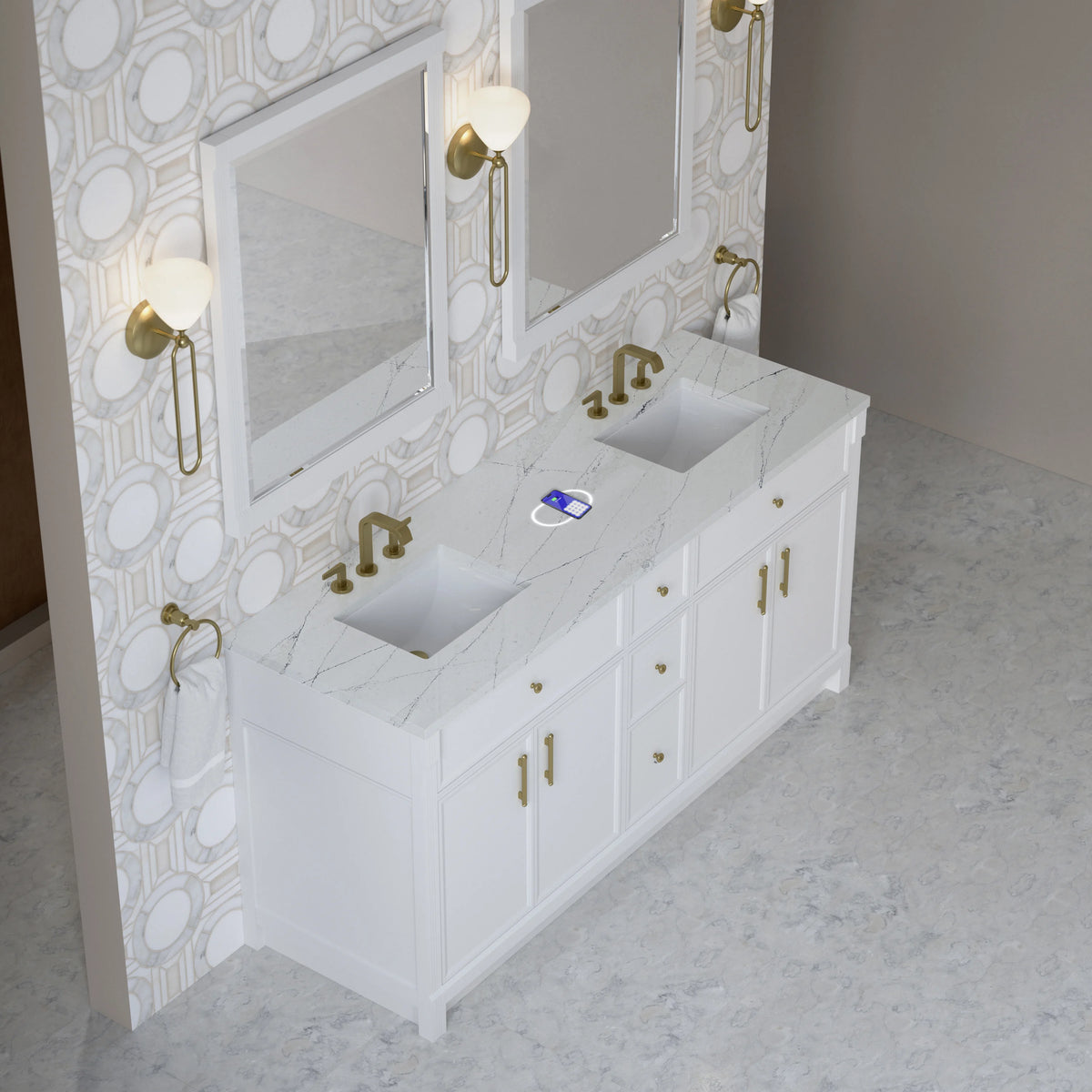 Bellshire 72" Double Vanity, Bright White w/ 3 CM Ethereal Noctis Silestone Top w/FreePower Wireless Charger, view 8