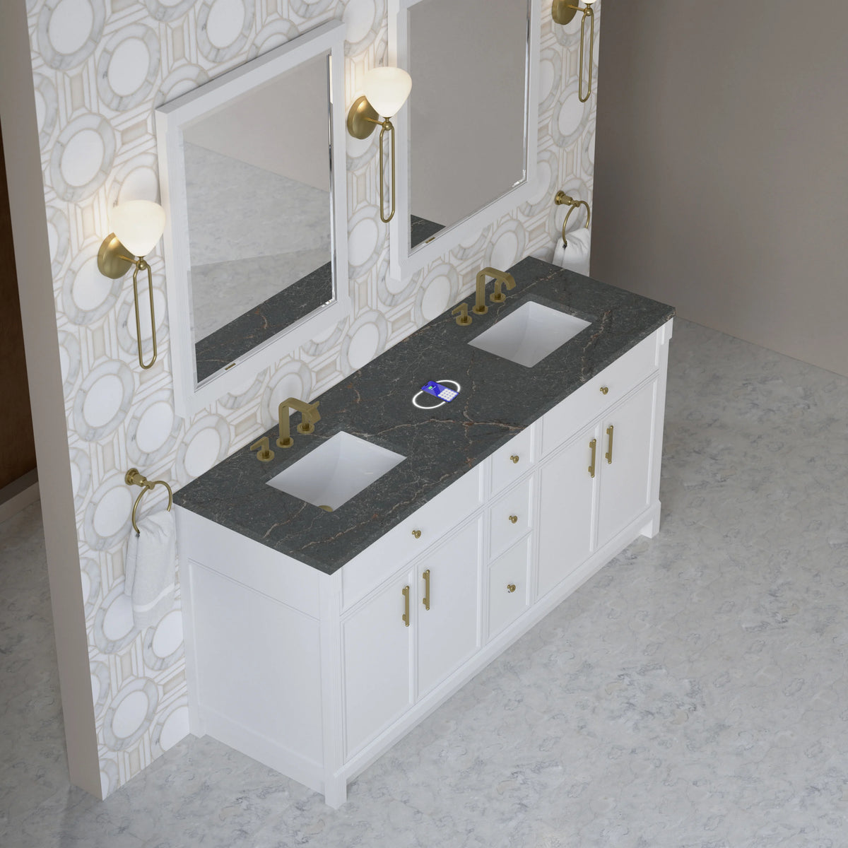 Bellshire 72" Double Vanity, Bright White w/ 3 CM Parisien Bleu Silestone Top w/FreePower Wireless Charger, view 5