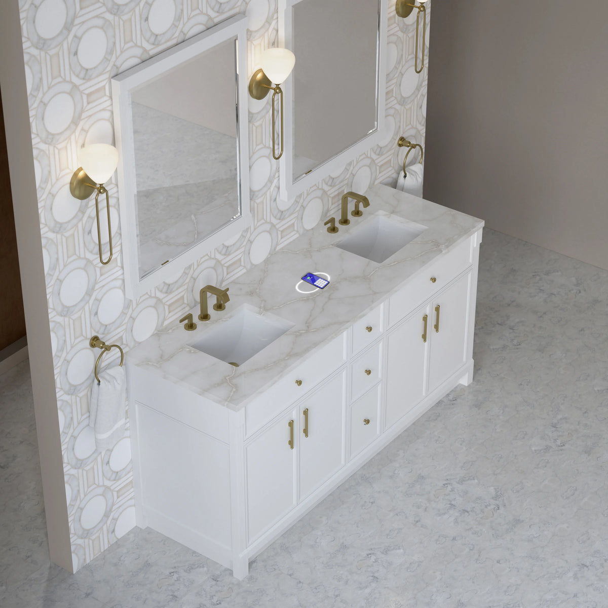 Bellshire 72" Double Vanity, Bright White w/ 3 CM Victorian Silver Silestone Top w/FreePower Wireless Charger, view 5