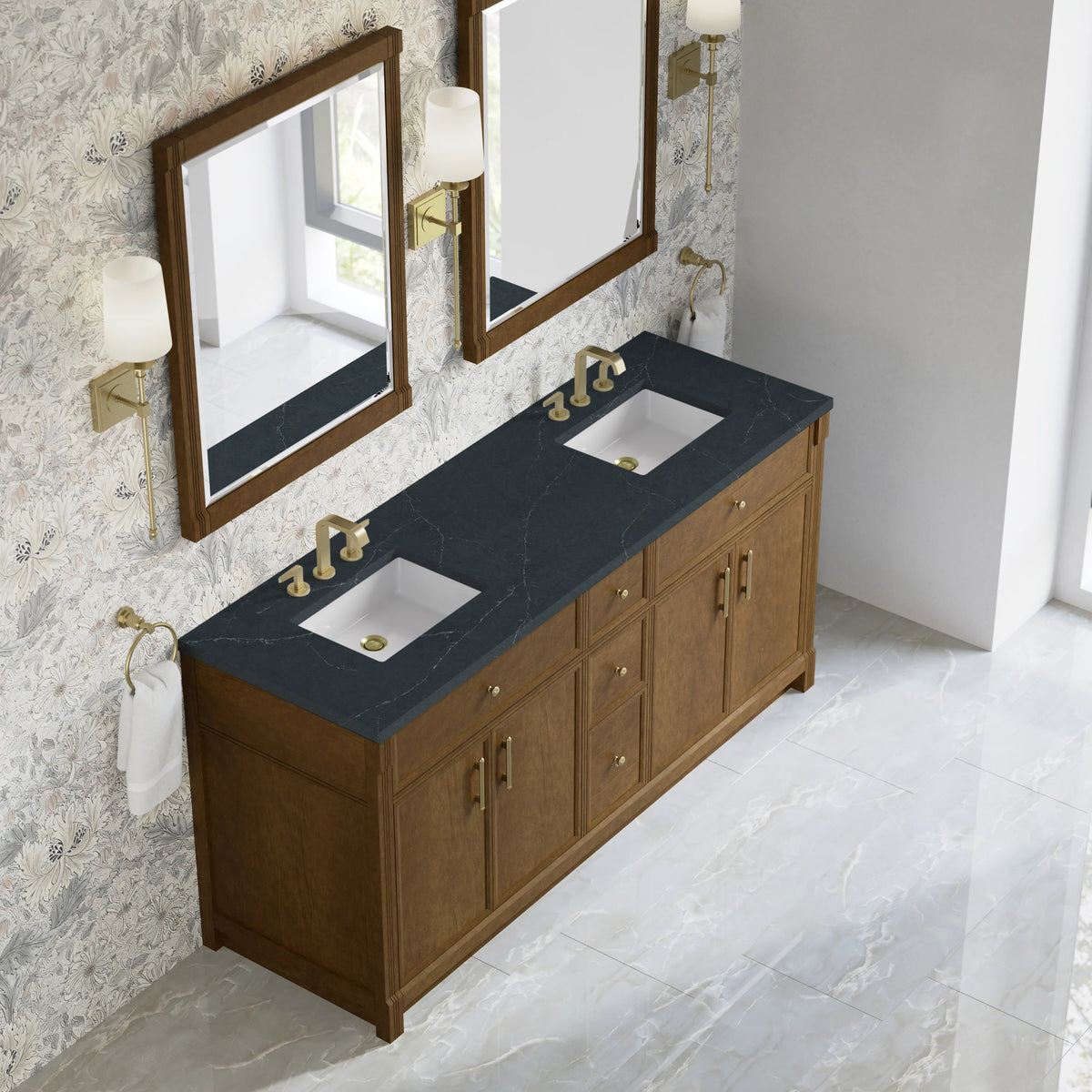Bellshire 72" Double Vanity, Honey Oak w/ 3 CM Charcoal Soapstone Silestone Top, view 7