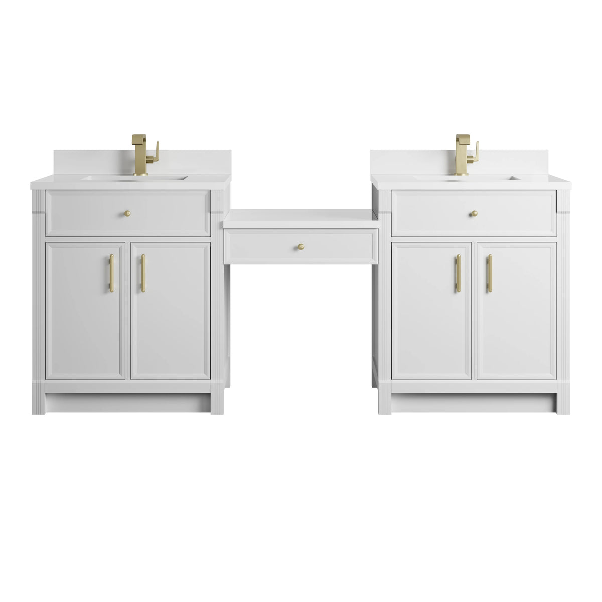 Bellshire 84" Dual Vanity Set with 24" Make-Up Counter, Bright White w/Single Hole 3 cm White Zeus Silestone Top & Back