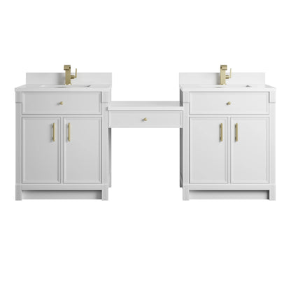 Bellshire 84" Dual Vanity Set with 24" Make-Up Counter, Bright White w/Single Hole 3 cm White Zeus Silestone Top & Back