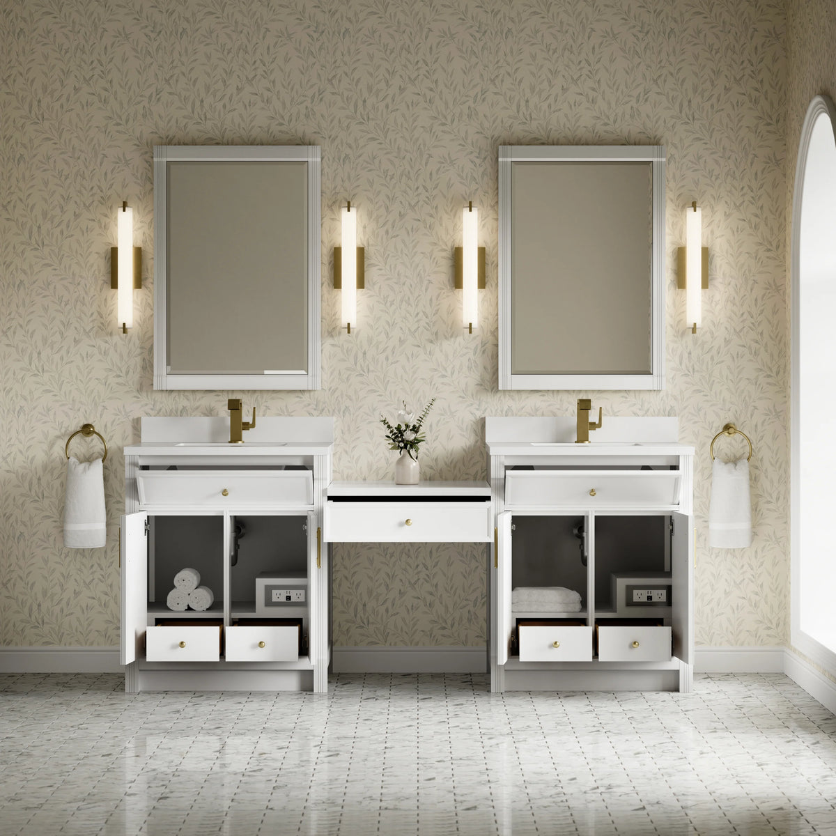 Bellshire 84" Dual Vanity Set with 24" Make-Up Counter, Bright White w/Single Hole 3 cm White Zeus Silestone To, view 4