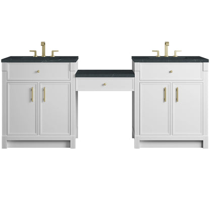 Bellshire 84" Dual Vanity Set with 24" Make-Up Counter, Bright White w/3 cm Charcoal Soapstone Silestone Top