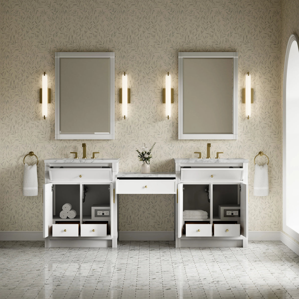 Bellshire 84" Dual Vanity Set with 24" Make-Up Counter, Bright White w/3 cm Charcoal Soapstone Silestone Top, view 3