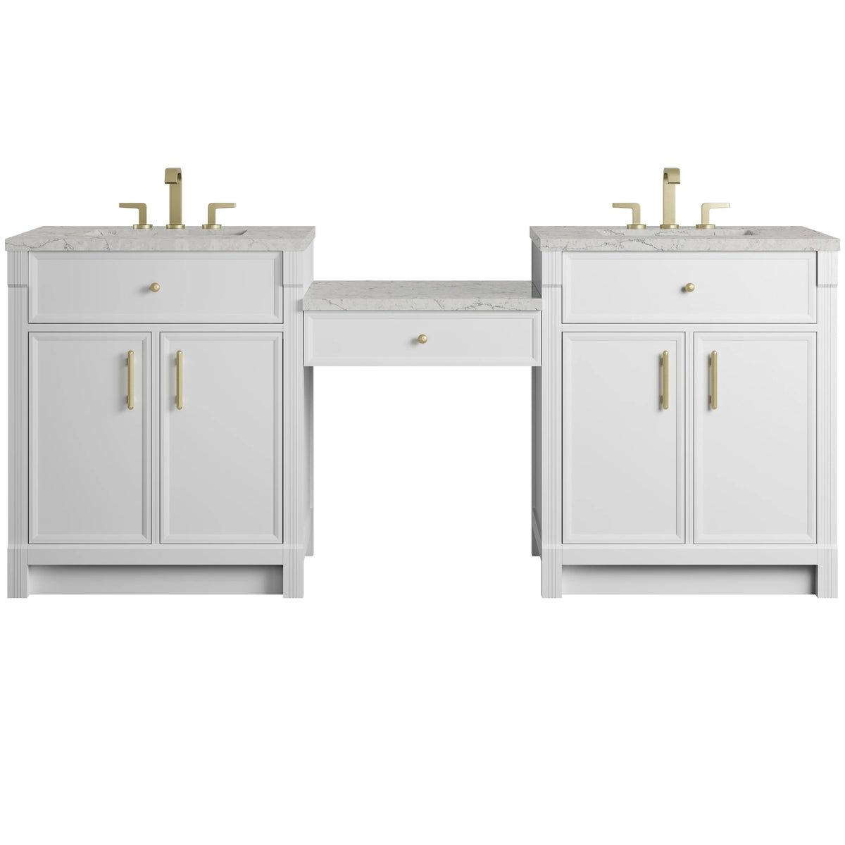 Bellshire 84" Dual Vanity Set with 24" Make-Up Counter, Bright White w/3 cm Eternal Jasmine Pearl Silestone Top