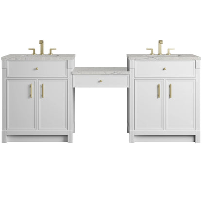 Bellshire 84" Dual Vanity Set with 24" Make-Up Counter, Bright White w/3 cm Eternal Jasmine Pearl Silestone Top