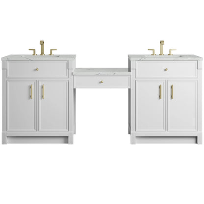 Bellshire 84" Dual Vanity Set with 24" Make-Up Counter, Bright White w/3 cm Ethereal Noctis Silestone Top