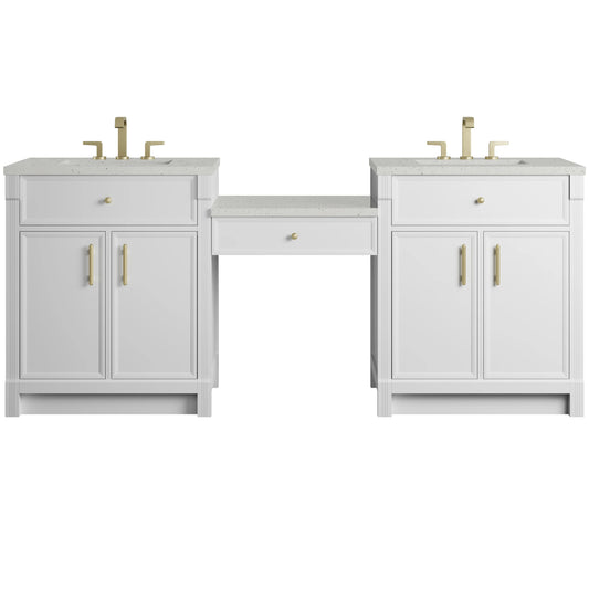 Bellshire 84" Dual Vanity Set with 24" Make-Up Counter, Bright White w/3 cm Lime Delight Silestone Top