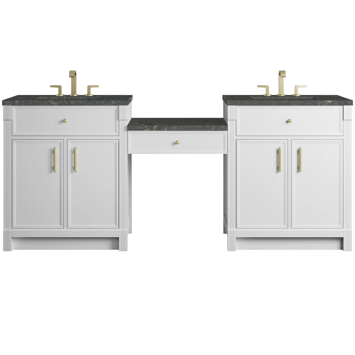 Bellshire 84" Dual Vanity Set with 24" Make-Up Counter, Bright White w/3 cm Parisien Bleu Silestone Top
