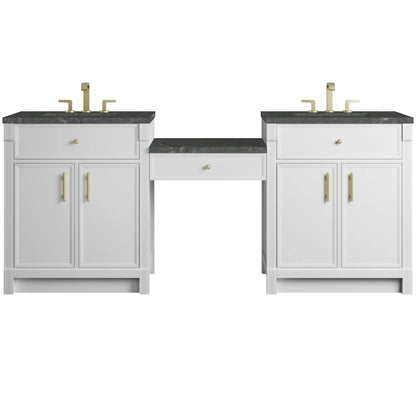 Bellshire 84" Dual Vanity Set with 24" Make-Up Counter, Bright White w/3 cm Parisien Bleu Silestone Top