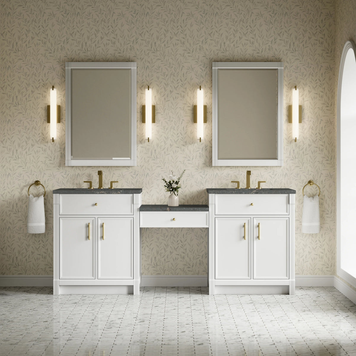Bellshire 84" Dual Vanity Set with 24" Make-Up Counter, Bright White w/3 cm Parisien Bleu Silestone Top, view 2