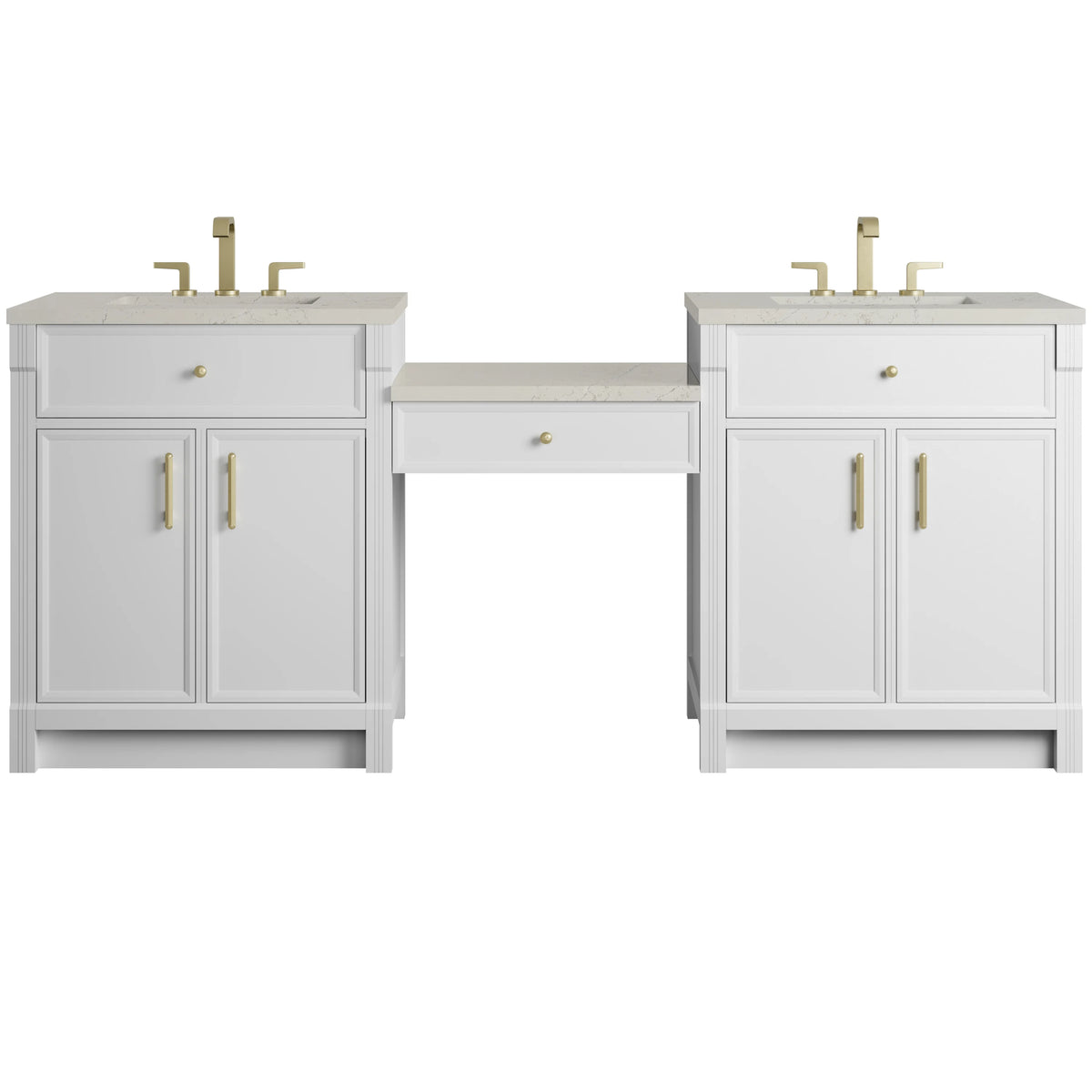 Bellshire 84" Dual Vanity Set with 24" Make-Up Counter, Bright White w/3 cm Siberian Silestone Top