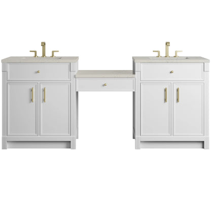 Bellshire 84" Dual Vanity Set with 24" Make-Up Counter, Bright White w/3 cm Siberian Silestone Top