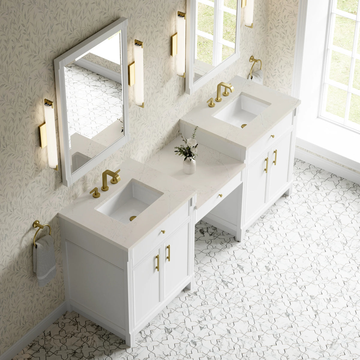 Bellshire 84" Dual Vanity Set with 24" Make-Up Counter, Bright White w/3 cm Siberian Silestone Top, view 4